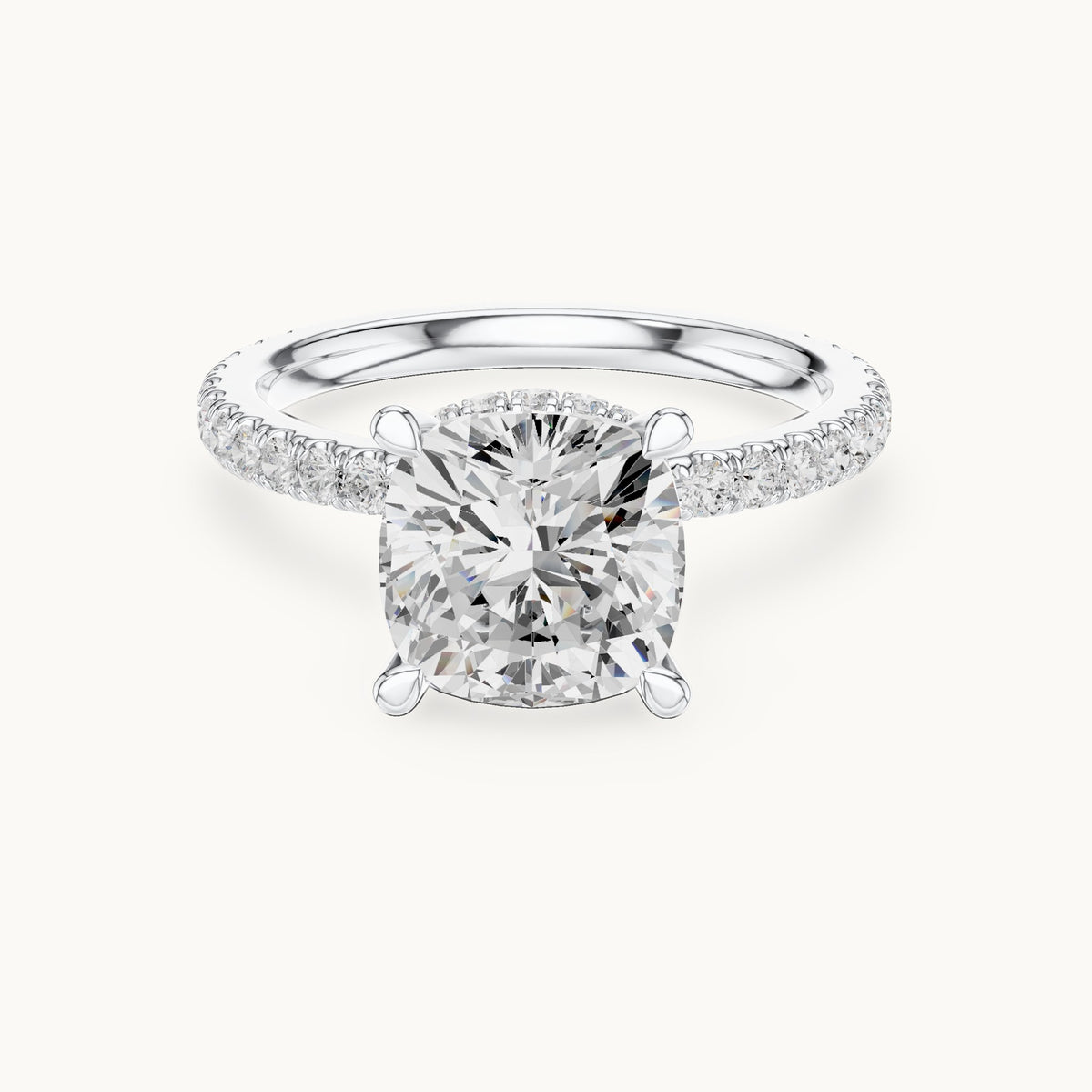 Cushion-cut and round lab-grown diamond double hidden halo pavé engagement ring in white gold, 3.576 CT TW, view 4