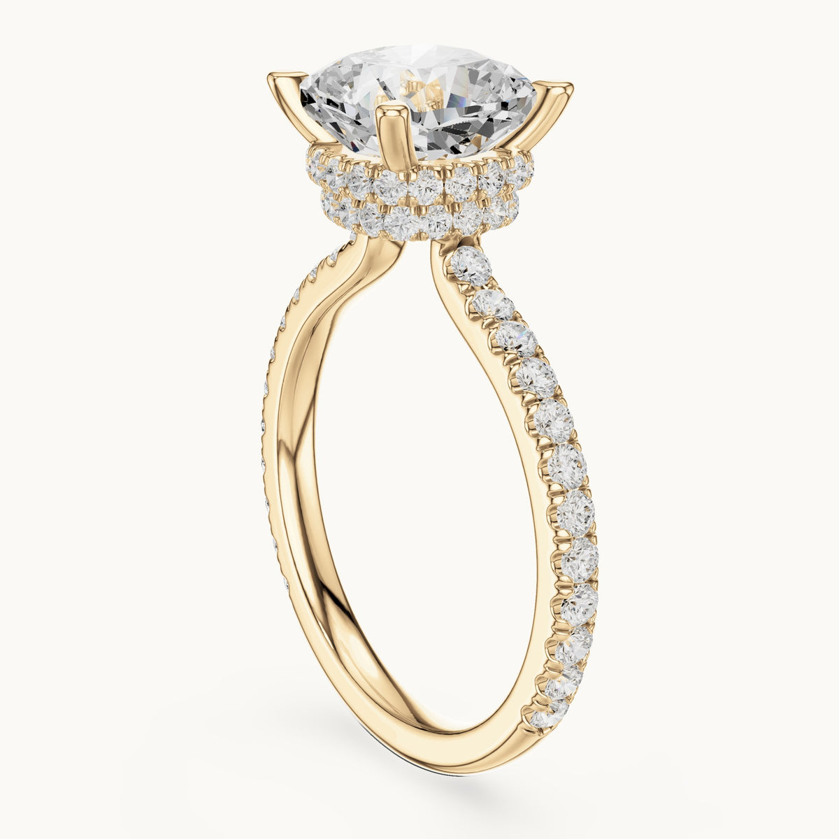 Cushion-cut and round lab-grown diamond double hidden halo pavé engagement ring in yellow gold, 3.576 CT TW, view 1