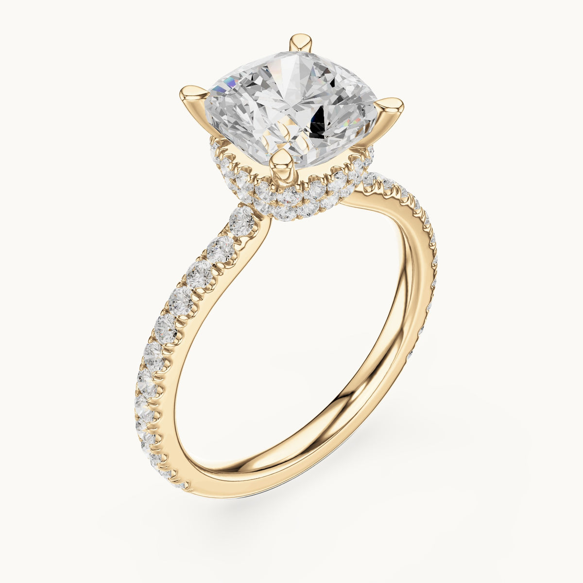 Cushion-cut and round lab-grown diamond double hidden halo pavé engagement ring in yellow gold, 3.576 CT TW, view 2