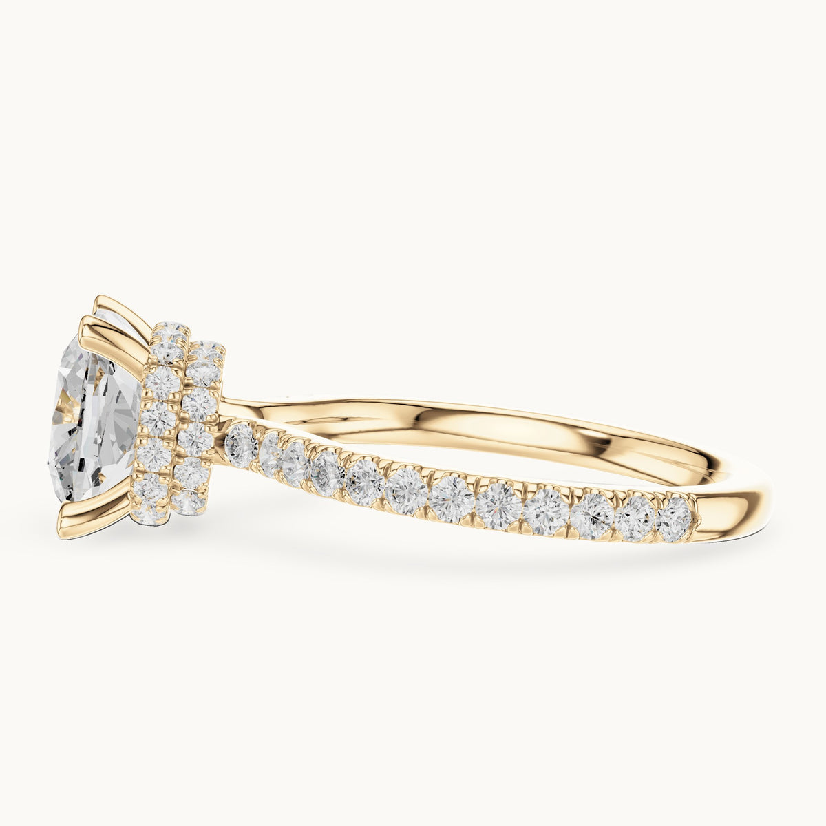 Cushion-cut and round lab-grown diamond double hidden halo pavé engagement ring in yellow gold, 3.576 CT TW, view 3