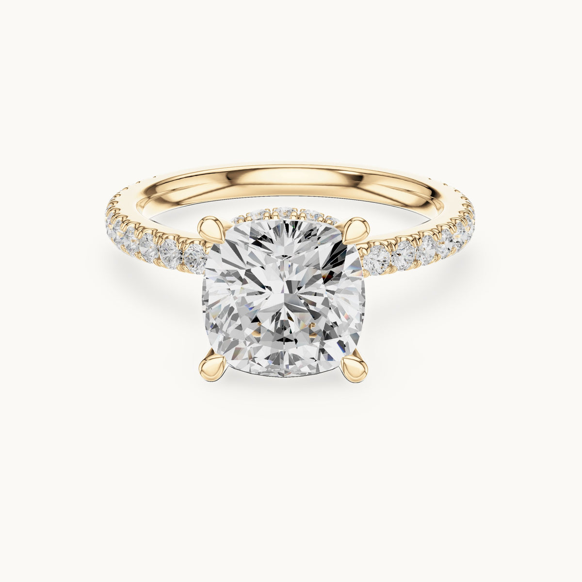 Cushion-cut and round lab-grown diamond double hidden halo pavé engagement ring in yellow gold, 3.576 CT TW, view 4