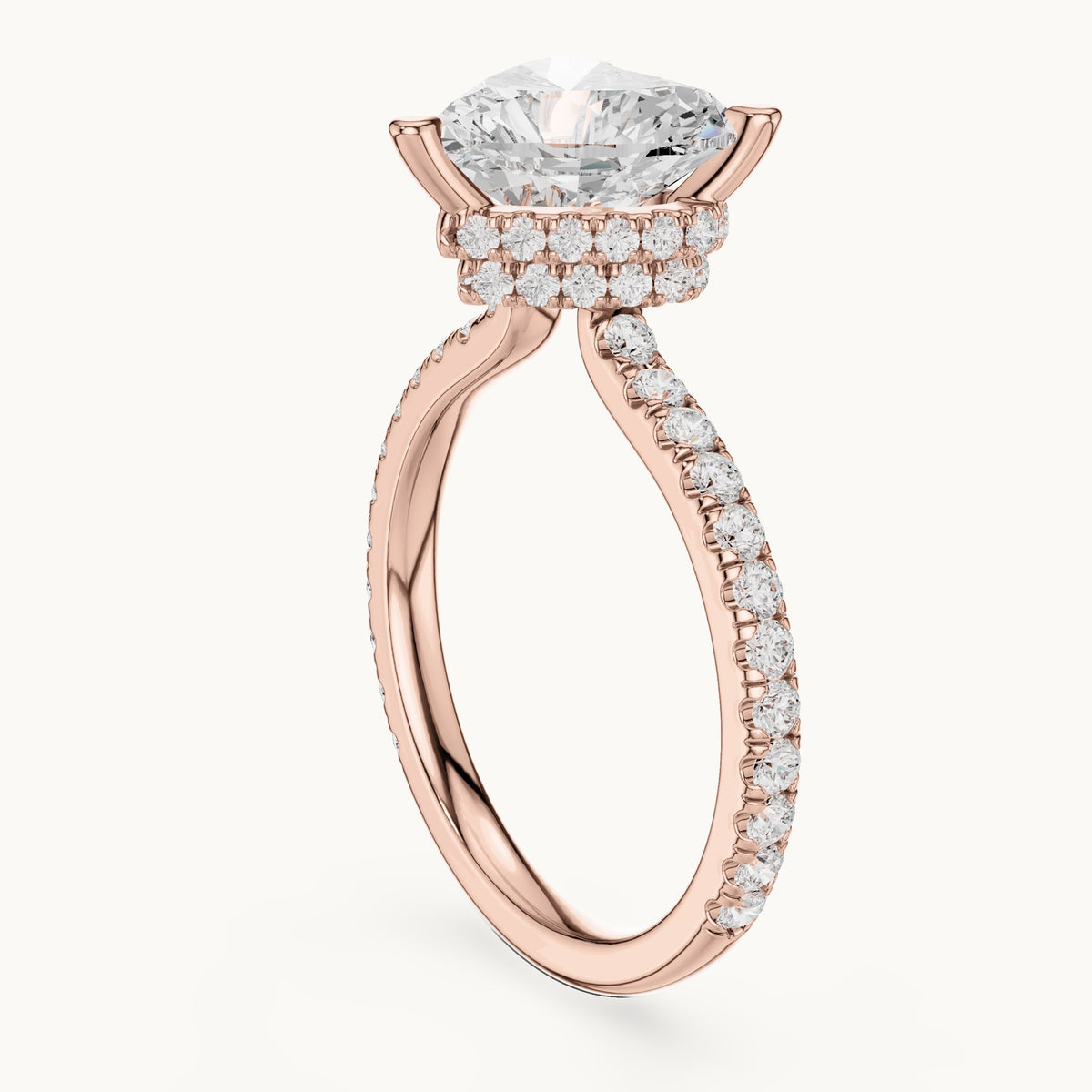 Heart and round lab-grown diamond double hidden halo pavé engagement ring in rose gold, 3.254 CT TW, view 1