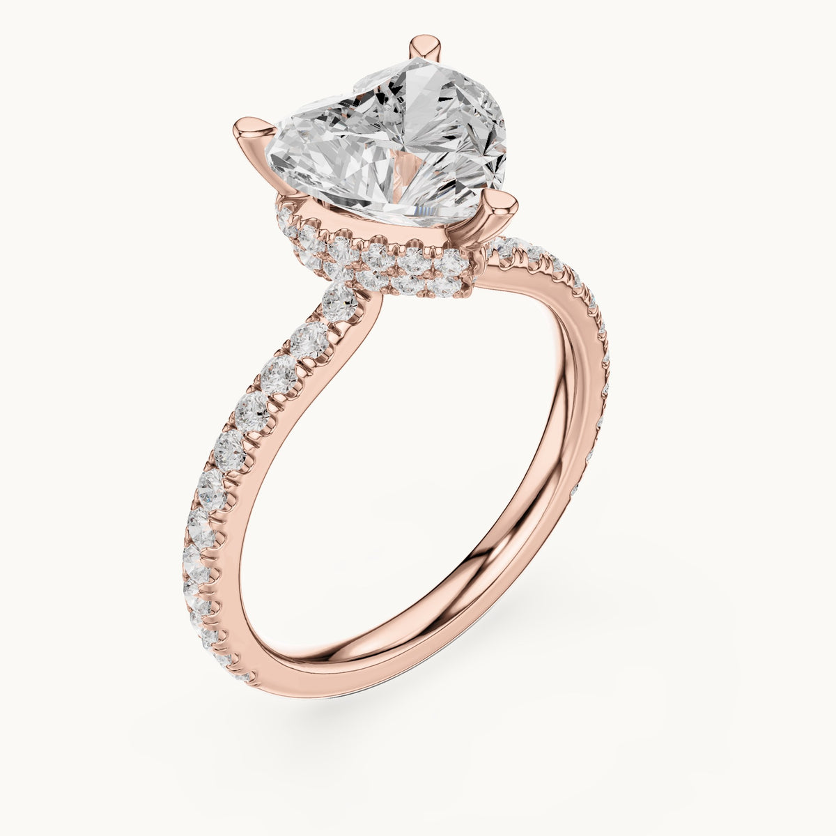 Heart and round lab-grown diamond double hidden halo pavé engagement ring in rose gold, 3.254 CT TW, view 2