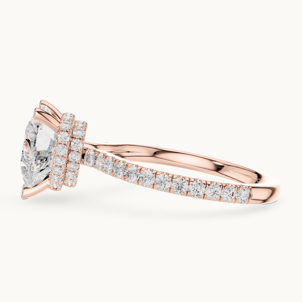 Heart and round lab-grown diamond double hidden halo pavé engagement ring in rose gold, 3.254 CT TW, view 3
