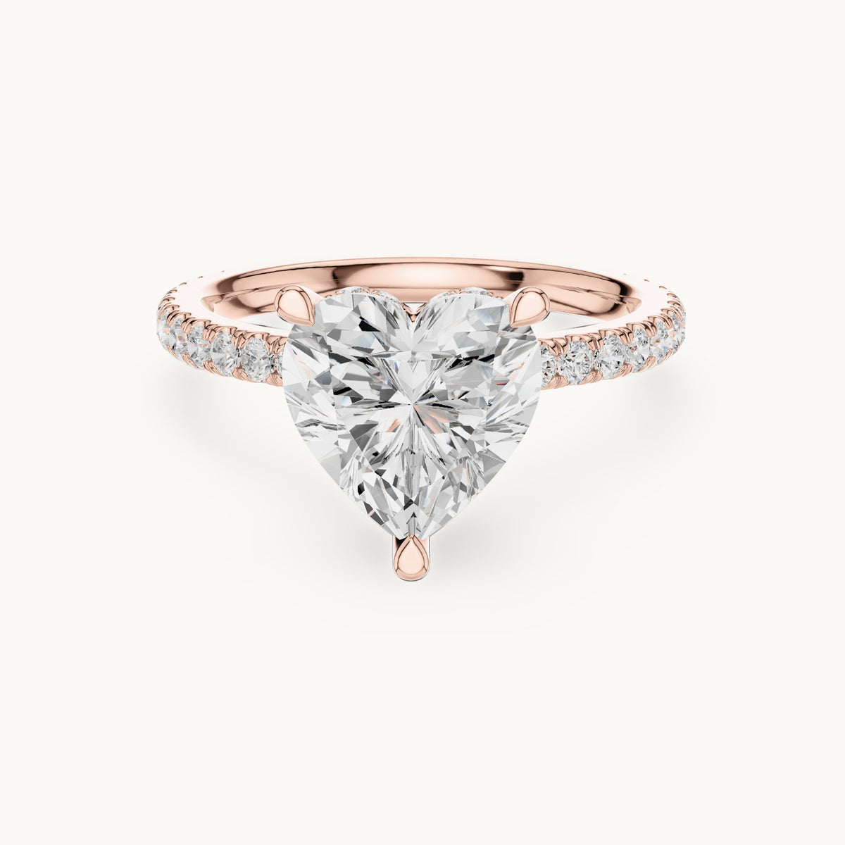 Heart and round lab-grown diamond double hidden halo pavé engagement ring in rose gold, 3.254 CT TW, view 4