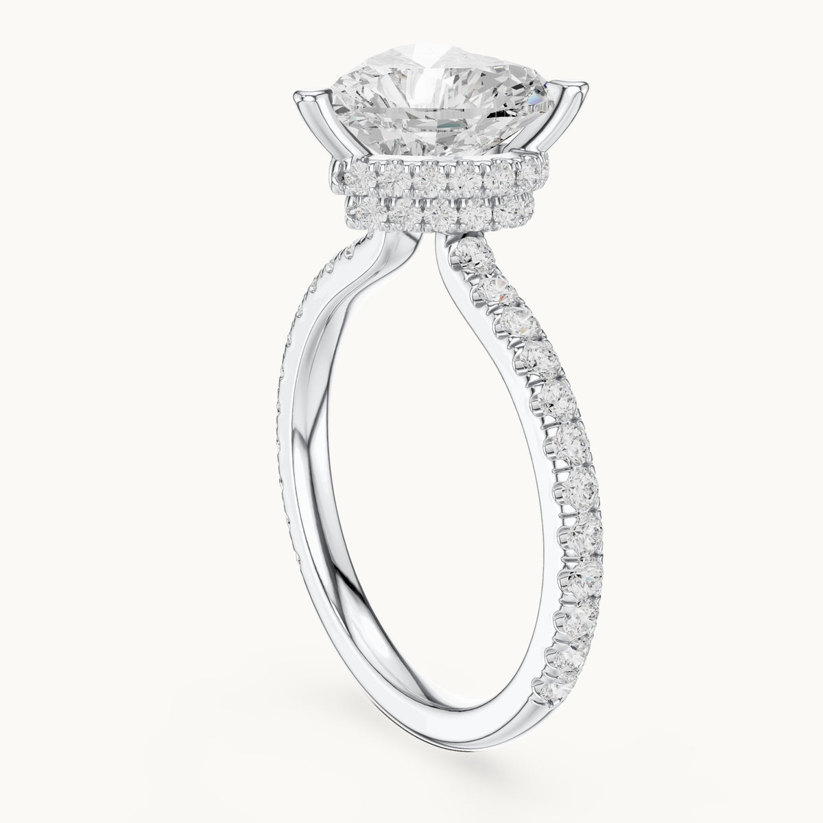 Heart and round lab-grown diamond double hidden halo pavé engagement ring in white gold, 3.254 CT TW, view 1