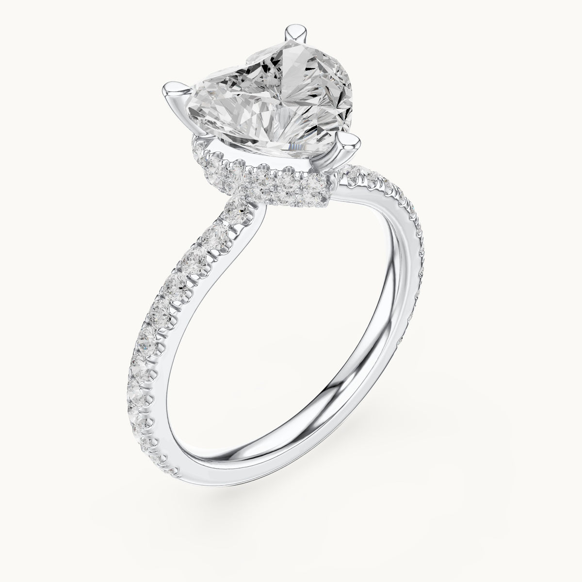 Heart and round lab-grown diamond double hidden halo pavé engagement ring in white gold, 3.254 CT TW, view 2