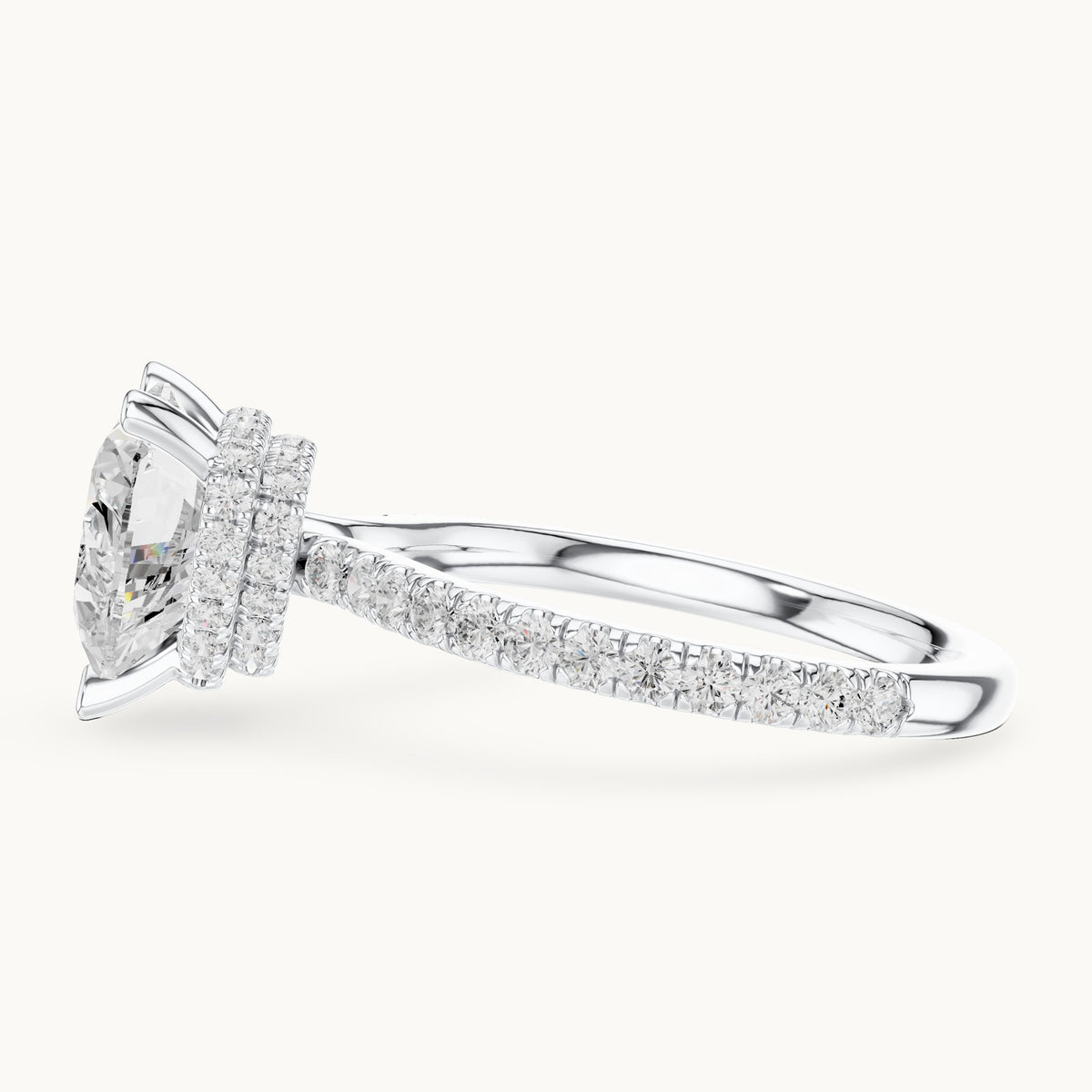 Heart and round lab-grown diamond double hidden halo pavé engagement ring in white gold, 3.254 CT TW, view 3