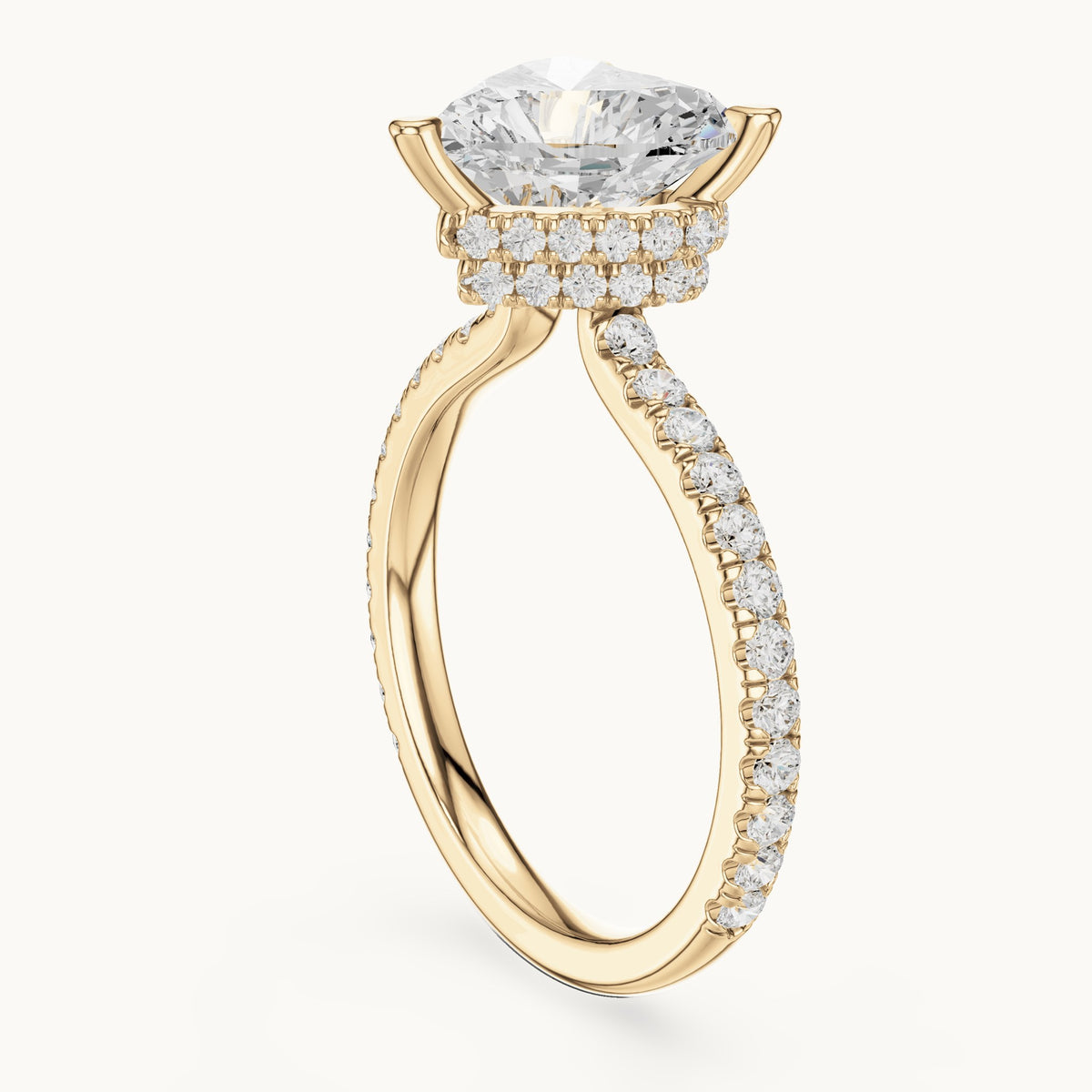 Heart and round lab-grown diamond double hidden halo pavé engagement ring in yellow gold, 3.254 CT TW, view 1