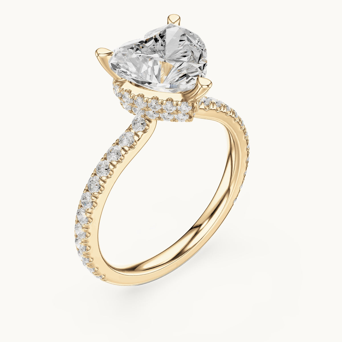 Heart and round lab-grown diamond double hidden halo pavé engagement ring in yellow gold, 3.254 CT TW, view 2
