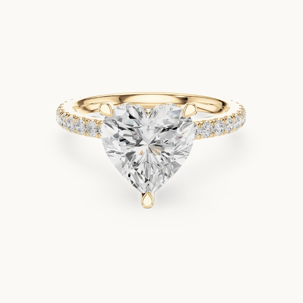 Heart and round lab-grown diamond double hidden halo pavé engagement ring in yellow gold, 3.254 CT TW, view 4