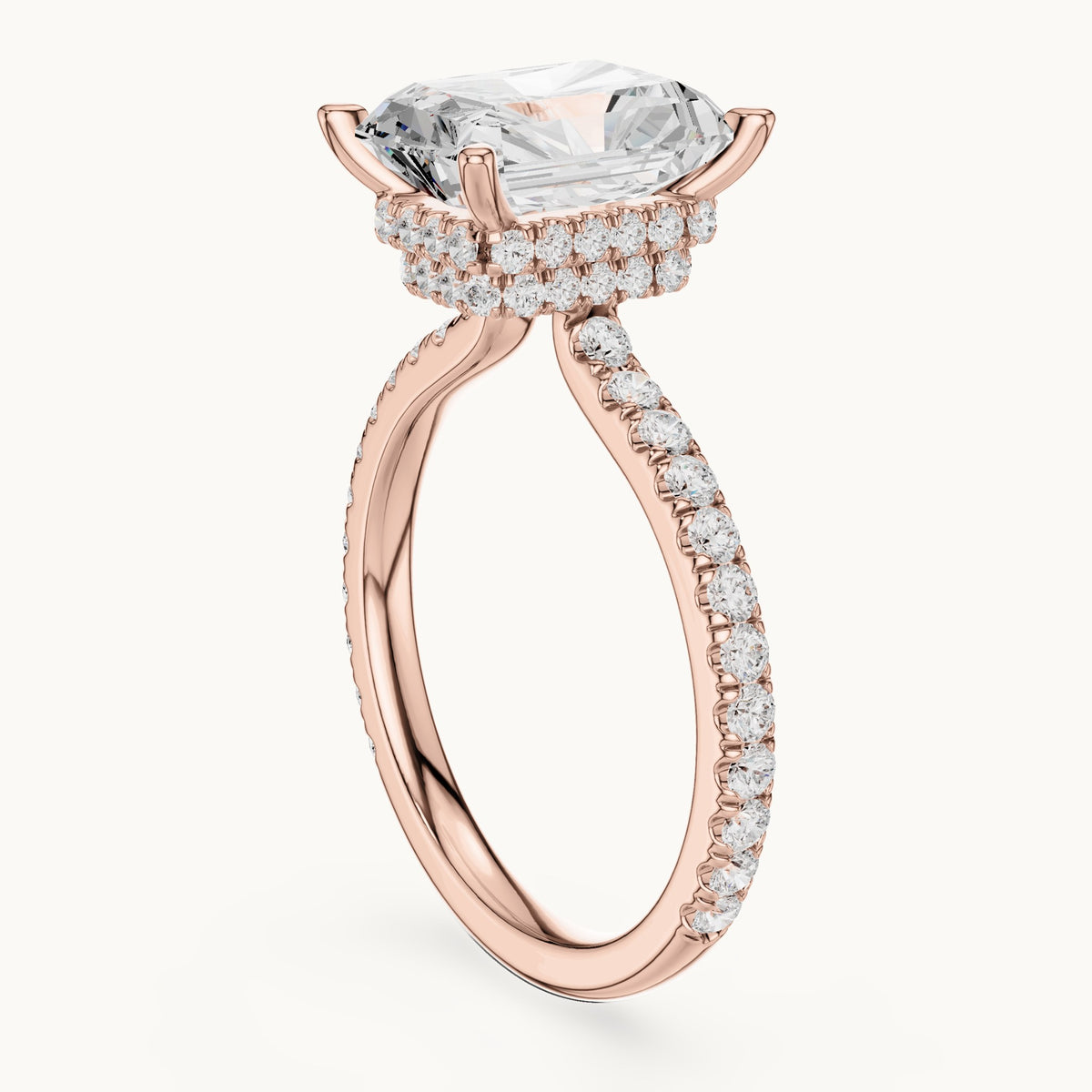 Radiant-cut and round lab-grown diamond double hidden halo pavé engagement ring in rose gold, 4.406 CT TW, view 1