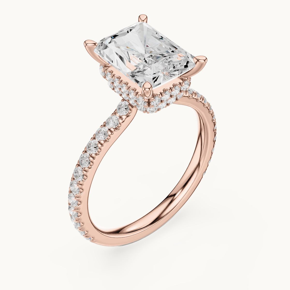 Radiant-cut and round lab-grown diamond double hidden halo pavé engagement ring in rose gold, 4.406 CT TW, view 2