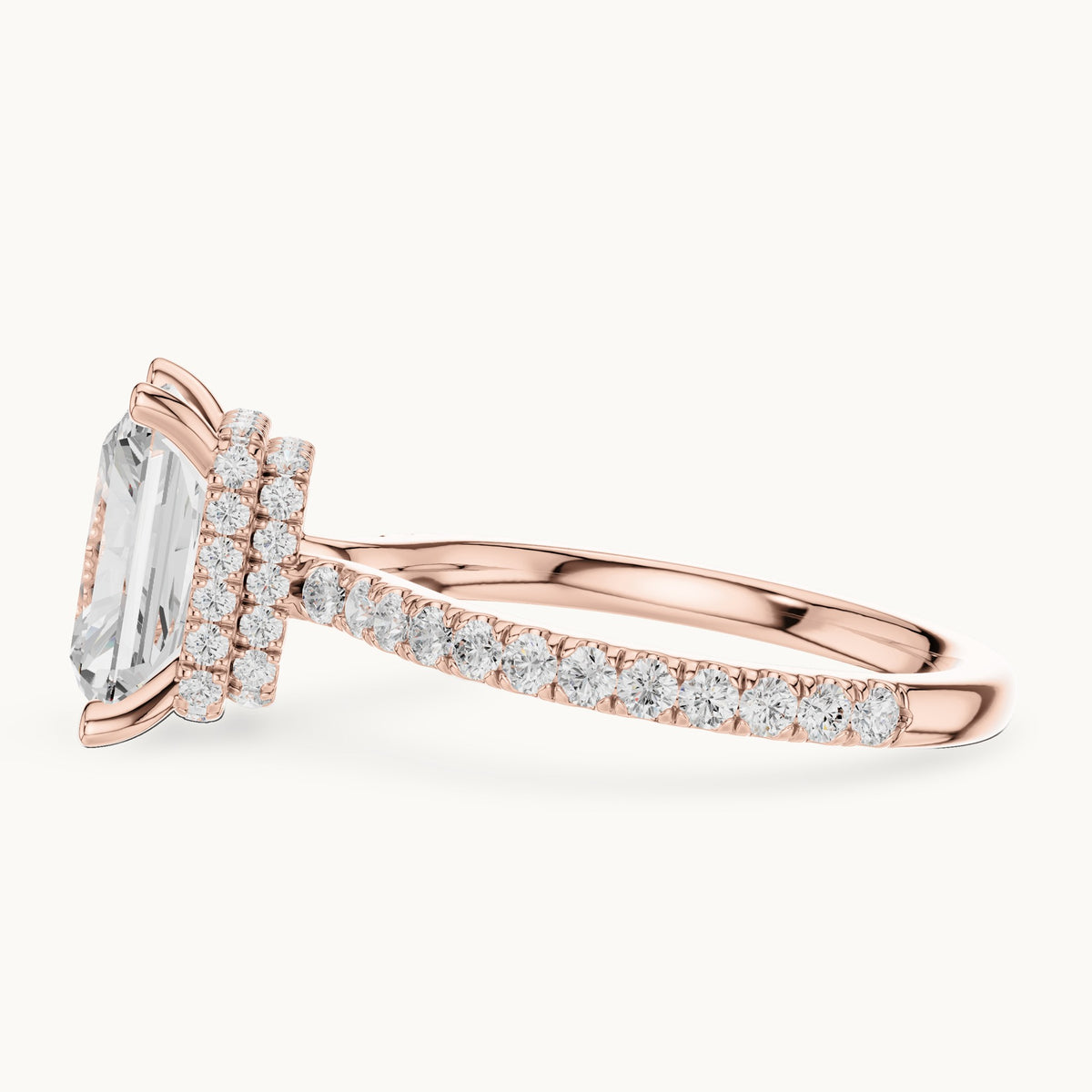 Radiant-cut and round lab-grown diamond double hidden halo pavé engagement ring in rose gold, 4.406 CT TW, view 3