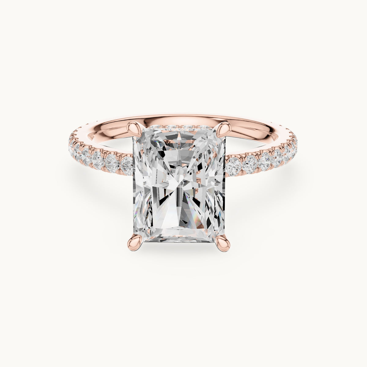Radiant-cut and round lab-grown diamond double hidden halo pavé engagement ring in rose gold, 4.406 CT TW, view 4