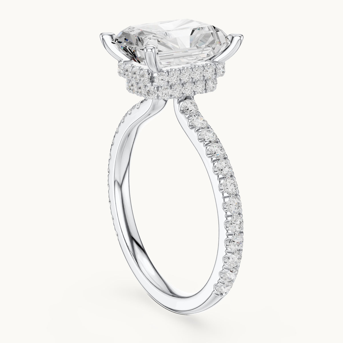 Radiant-cut and round lab-grown diamond double hidden halo pavé engagement ring in white gold, 4.406 CT TW, view 1