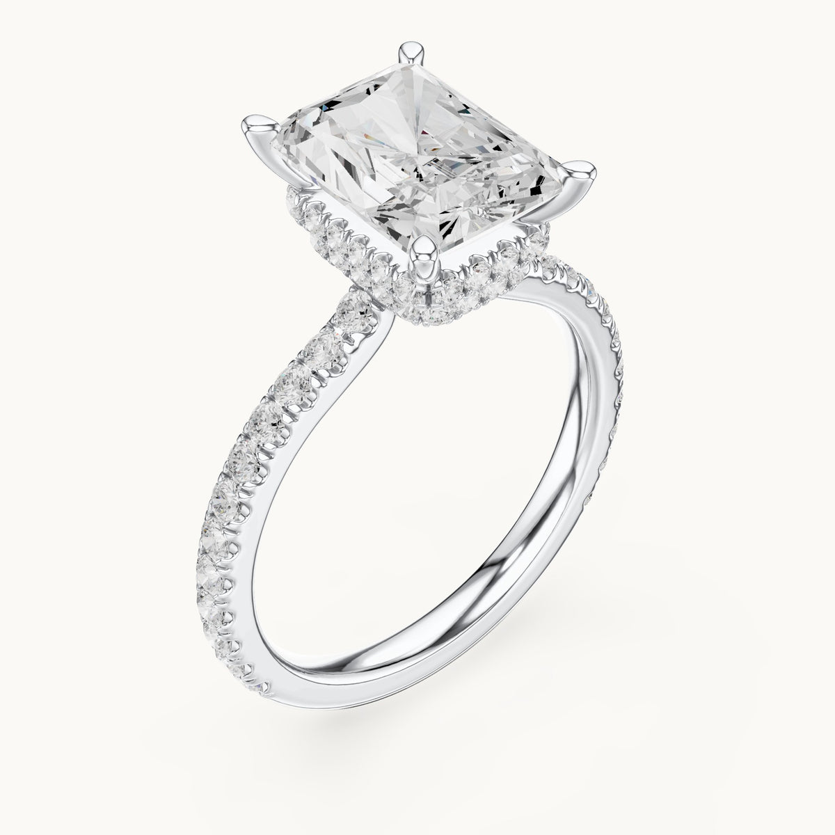 Radiant-cut and round lab-grown diamond double hidden halo pavé engagement ring in white gold, 4.406 CT TW, view 2