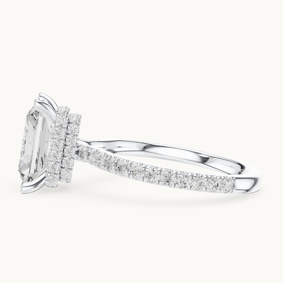 Radiant-cut and round lab-grown diamond double hidden halo pavé engagement ring in white gold, 4.406 CT TW, view 3