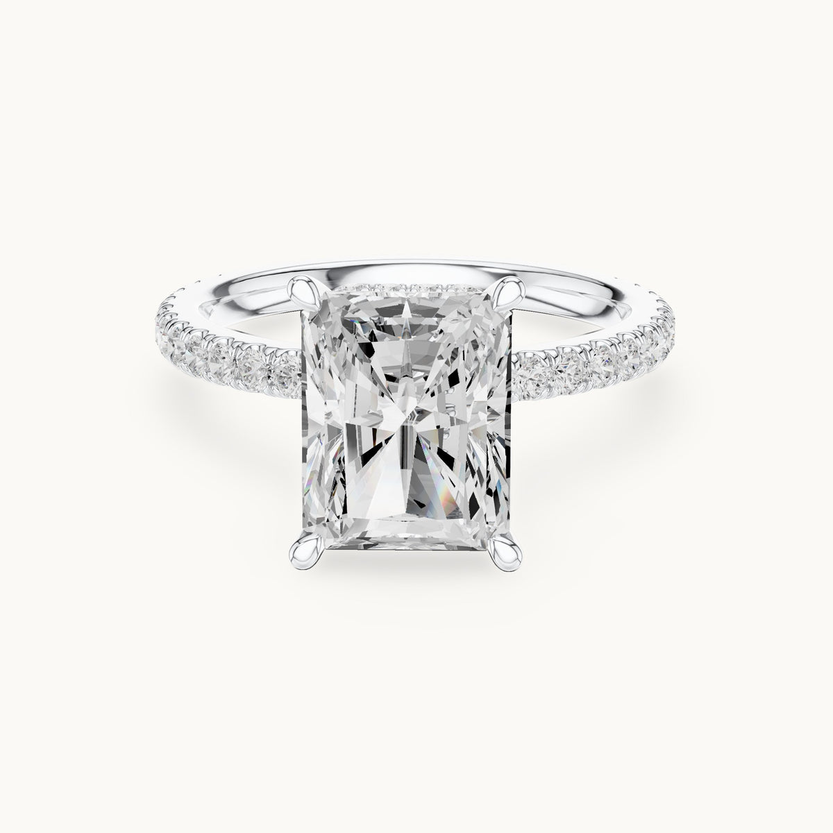 Radiant-cut and round lab-grown diamond double hidden halo pavé engagement ring in white gold, 4.406 CT TW, view 4