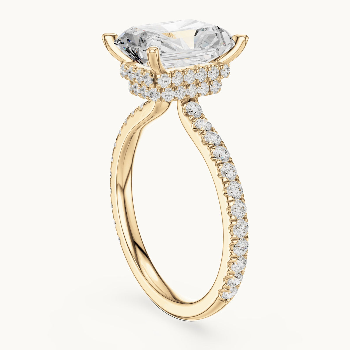 Radiant-cut and round lab-grown diamond double hidden halo pavé engagement ring in yellow gold, 4.406 CT TW, view 1