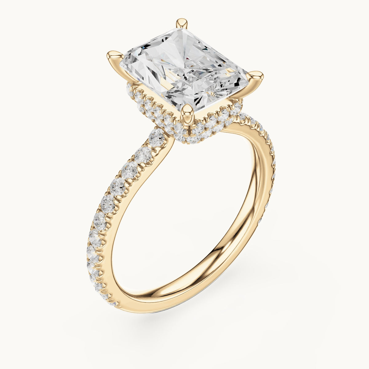 Radiant-cut and round lab-grown diamond double hidden halo pavé engagement ring in yellow gold, 4.406 CT TW, view 2