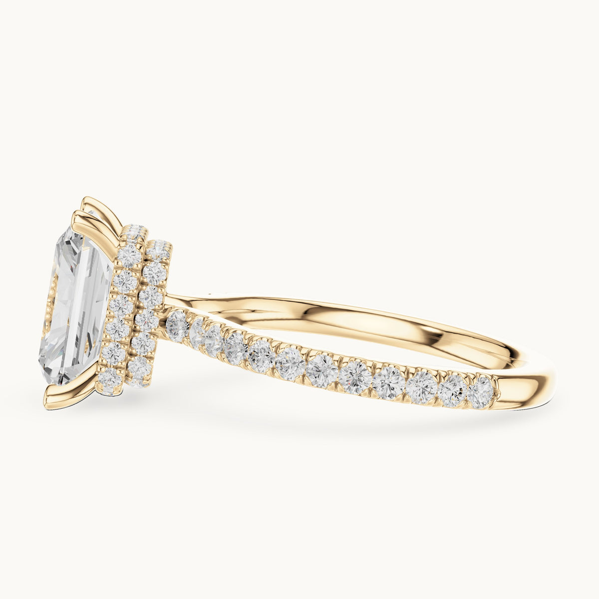 Radiant-cut and round lab-grown diamond double hidden halo pavé engagement ring in yellow gold, 4.406 CT TW, view 3