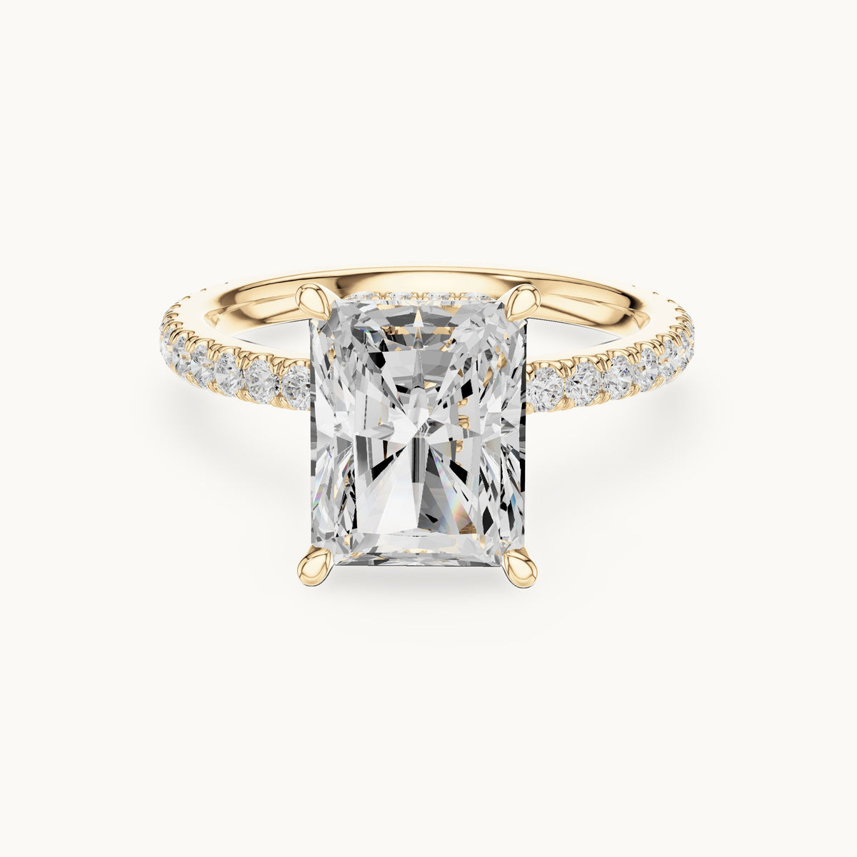 Radiant-cut and round lab-grown diamond double hidden halo pavé engagement ring in yellow gold, 4.406 CT TW, view 4