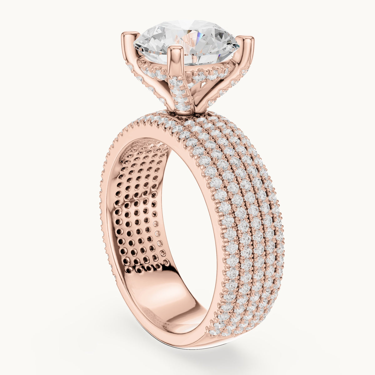 Round lab-grown diamond wide multi-row pavé engagement ring in rose gold, 4.06 CT TW, view 1