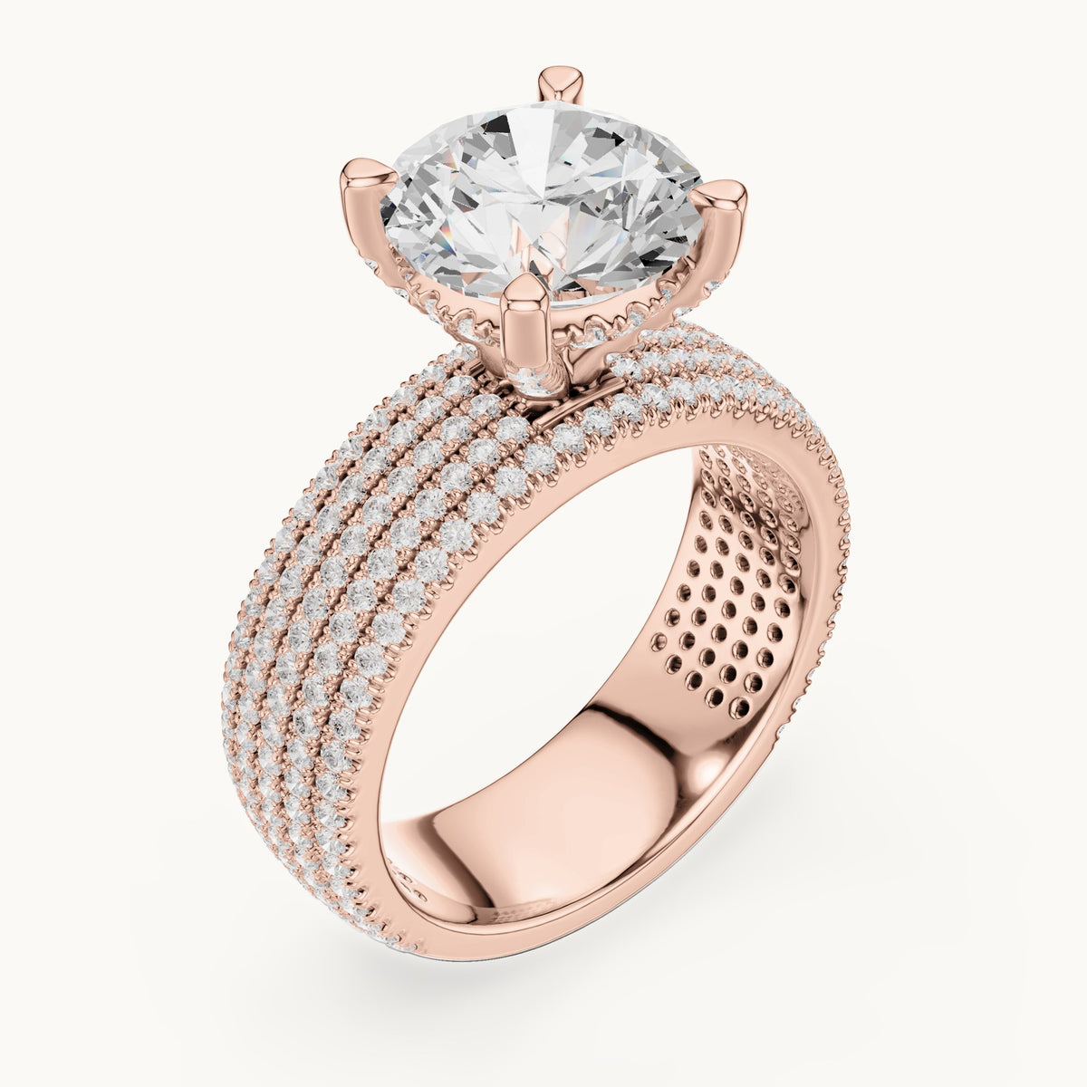 Round lab-grown diamond wide multi-row pavé engagement ring in rose gold, 4.06 CT TW, view 2