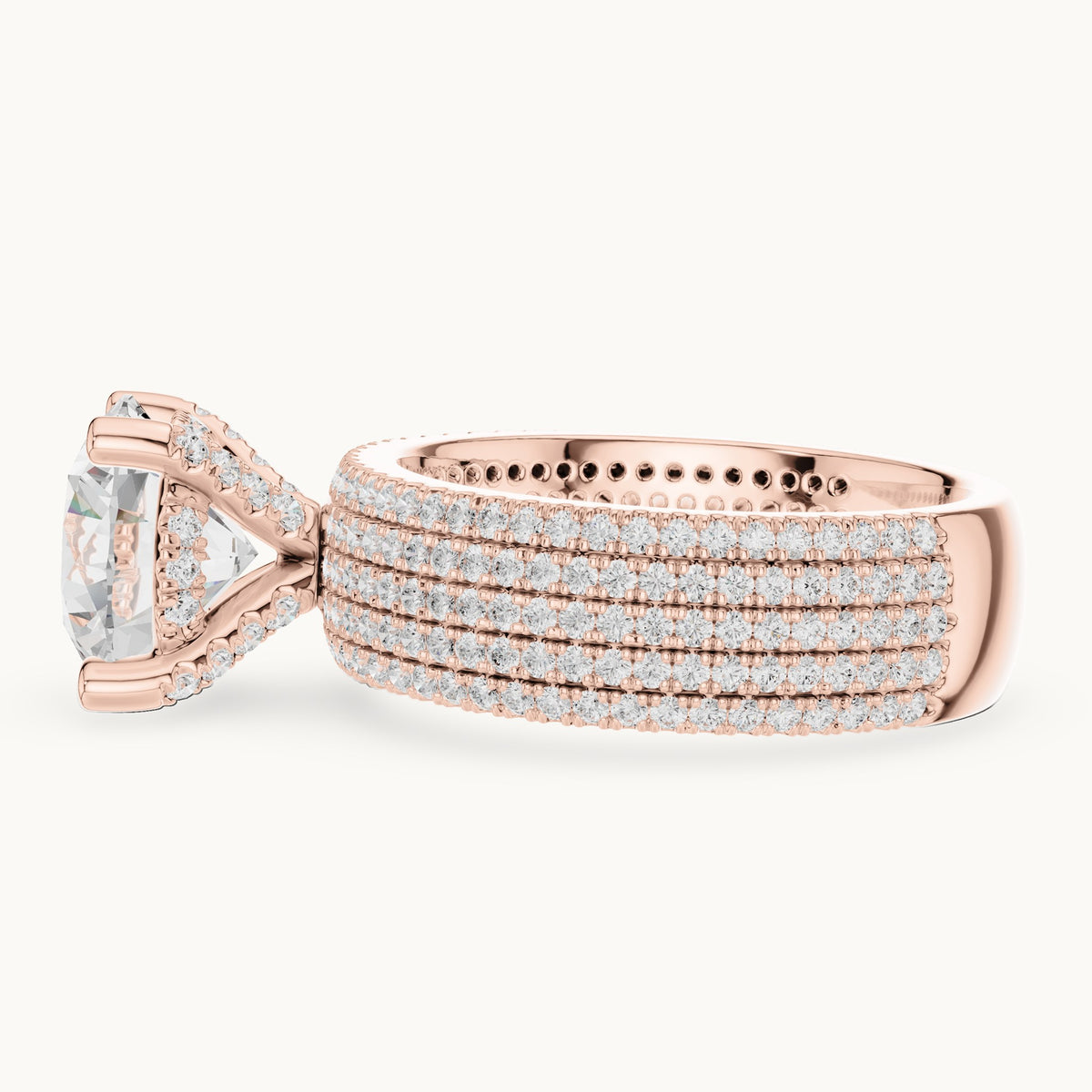 Round lab-grown diamond wide multi-row pavé engagement ring in rose gold, 4.06 CT TW, view 3