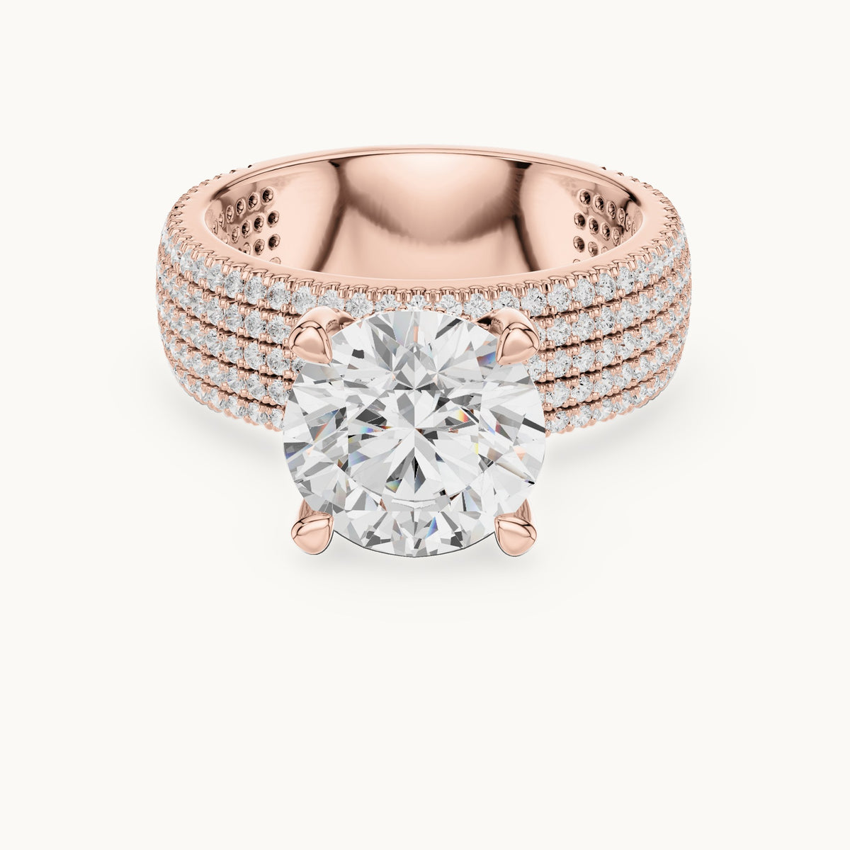 Round lab-grown diamond wide multi-row pavé engagement ring in rose gold, 4.06 CT TW, view 4