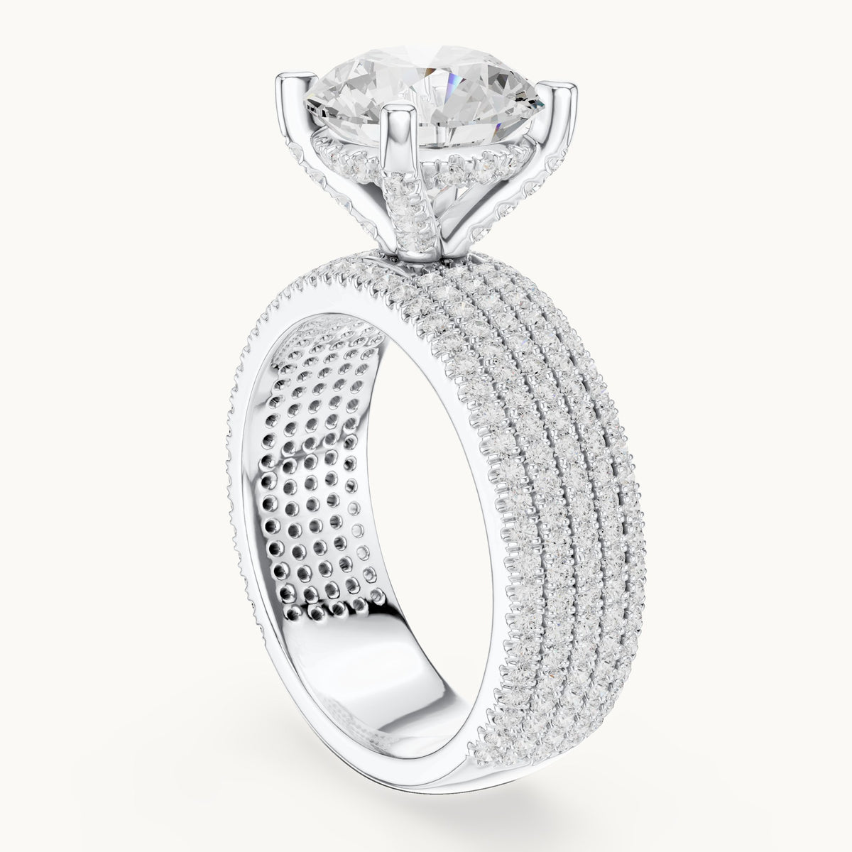 Round lab-grown diamond wide multi-row pavé engagement ring in white gold, 4.06 CT TW, view 1