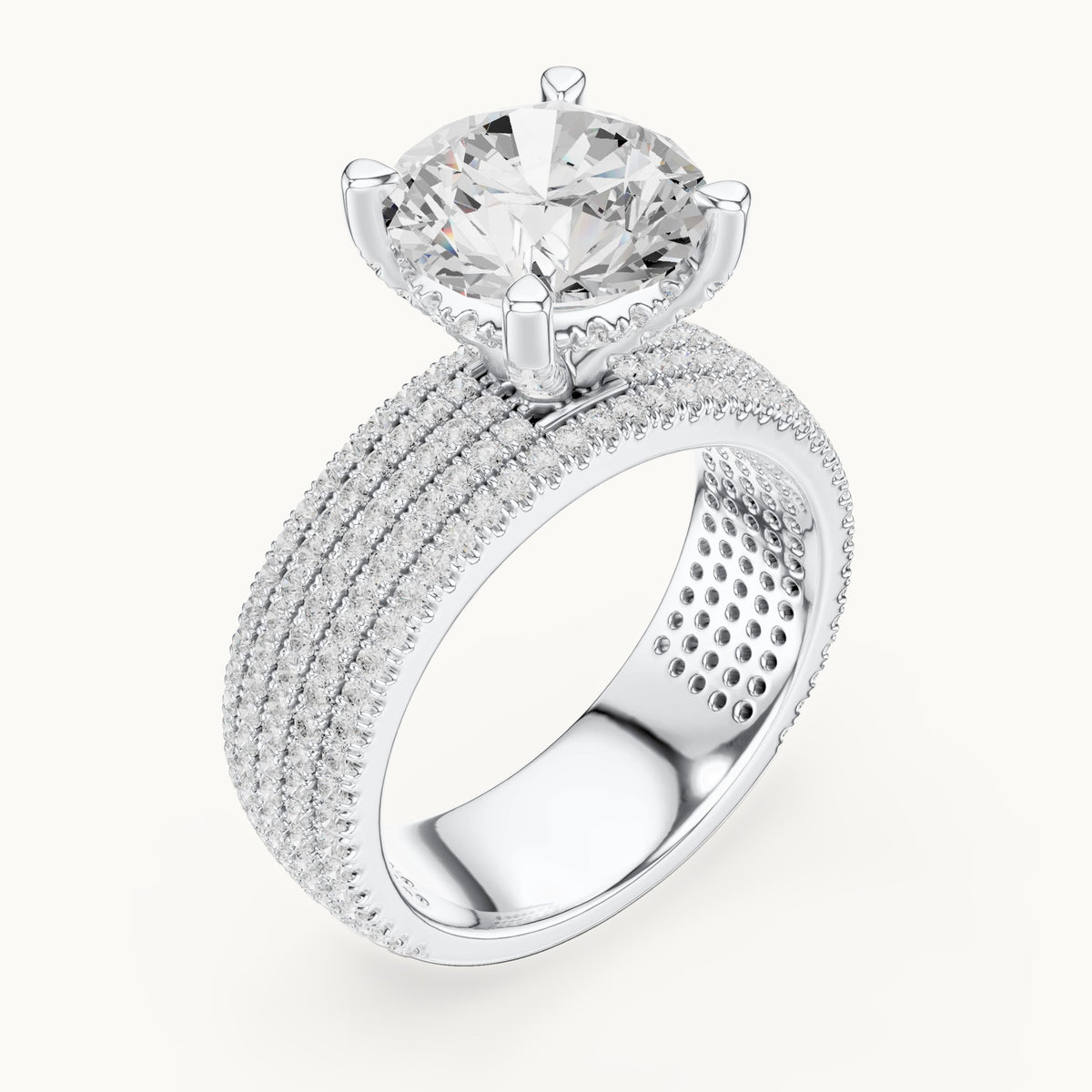 Round lab-grown diamond wide multi-row pavé engagement ring in white gold, 4.06 CT TW, view 2