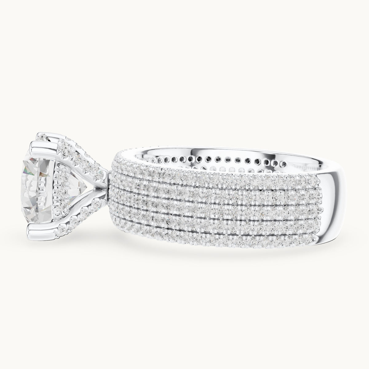 Round lab-grown diamond wide multi-row pavé engagement ring in white gold, 4.06 CT TW, view 3