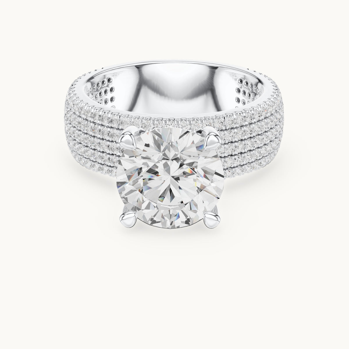 Round lab-grown diamond wide multi-row pavé engagement ring in white gold, 4.06 CT TW, view 4