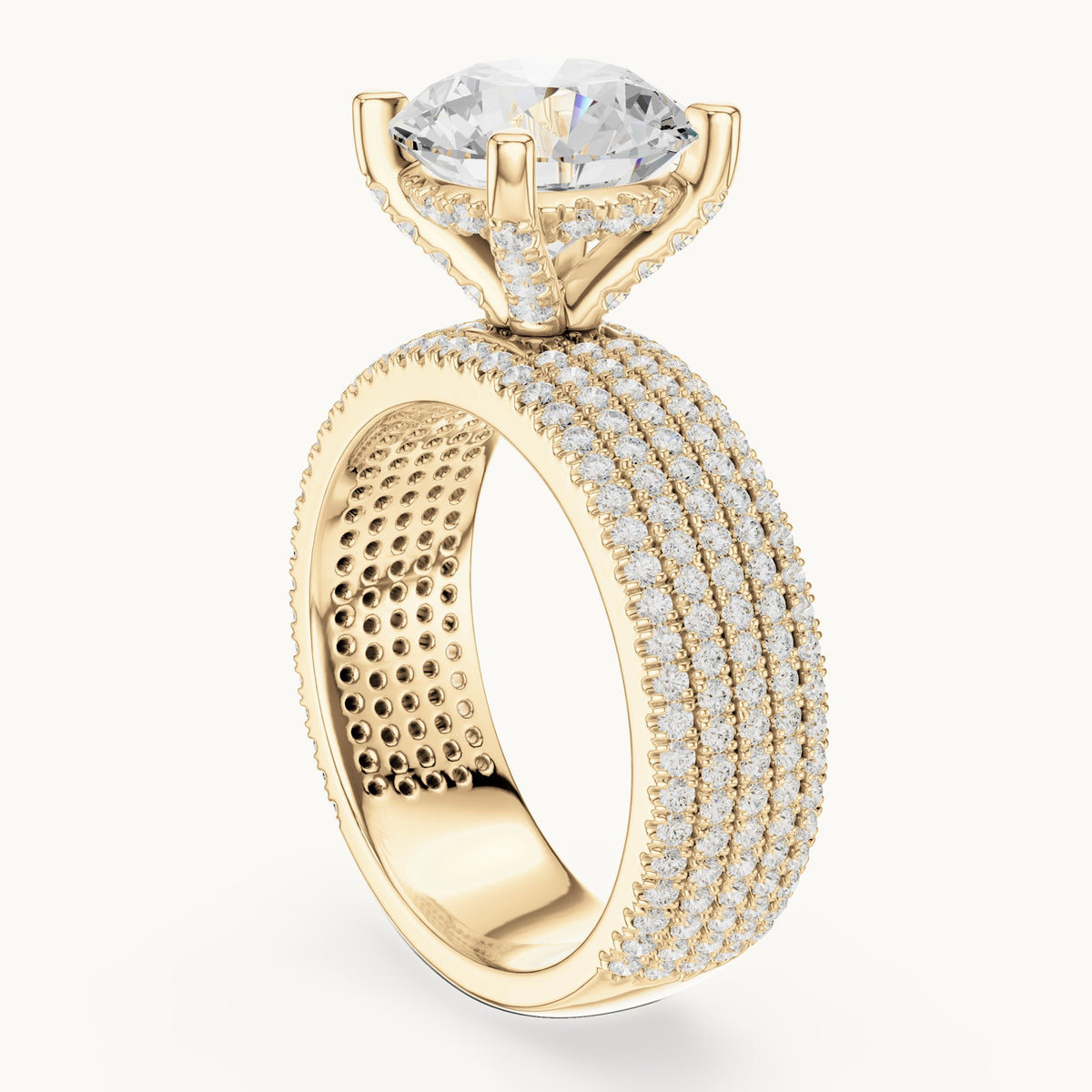 Round lab-grown diamond wide multi-row pavé engagement ring in yellow gold, 4.06 CT TW, view 1