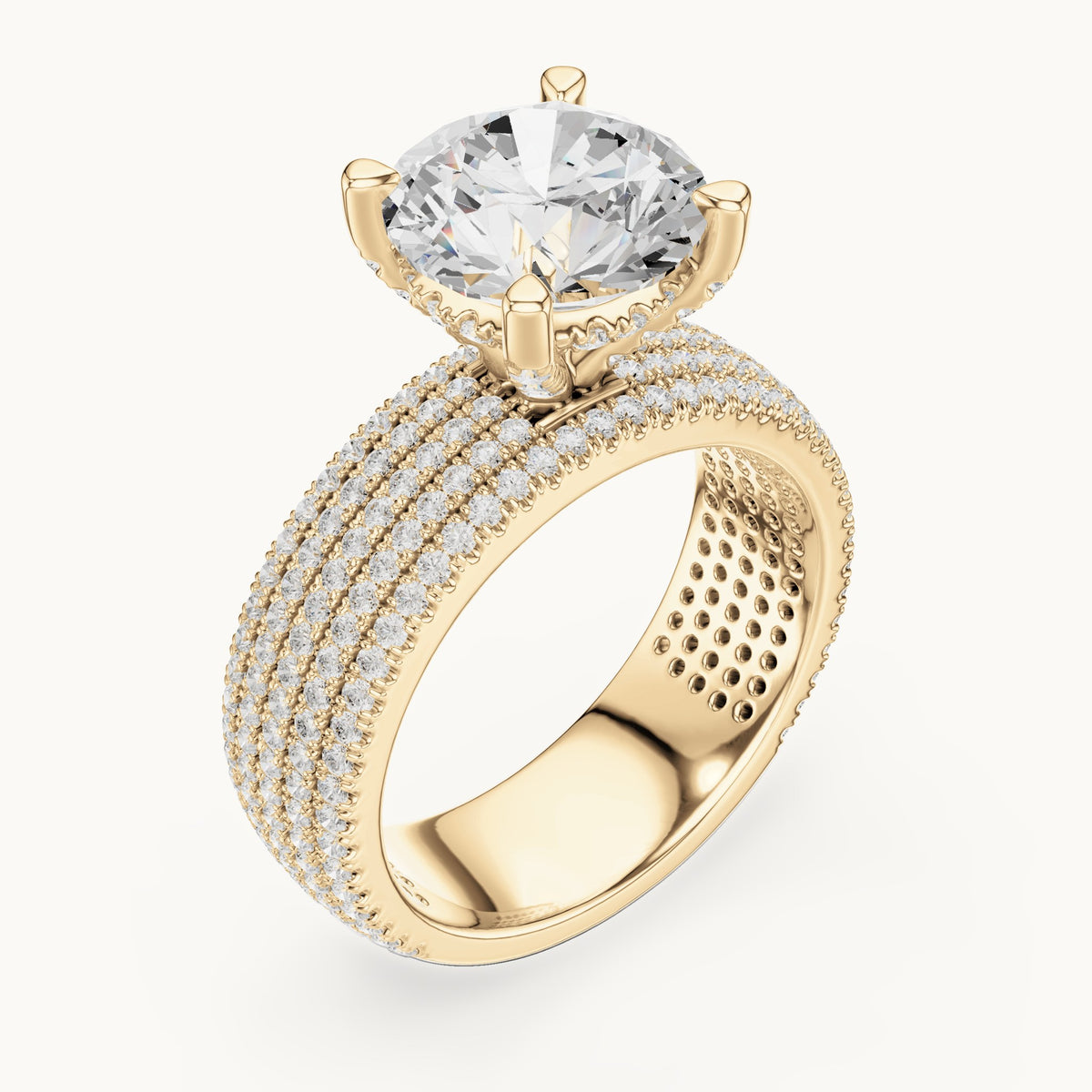 Round lab-grown diamond wide multi-row pavé engagement ring in yellow gold, 4.06 CT TW, view 2