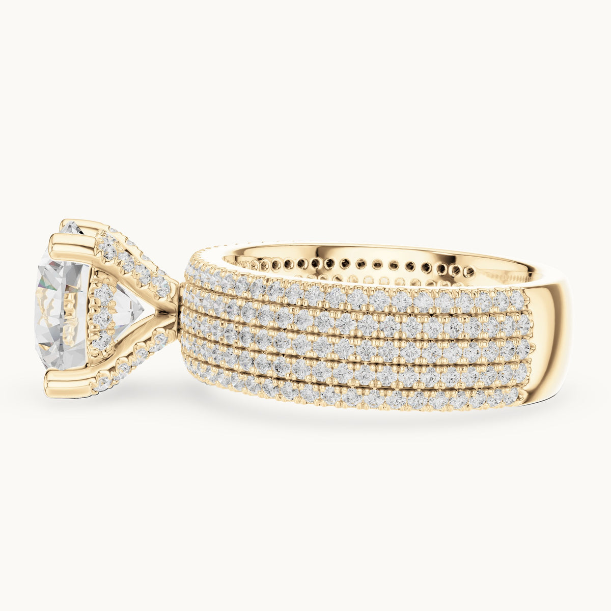 Round lab-grown diamond wide multi-row pavé engagement ring in yellow gold, 4.06 CT TW, view 3