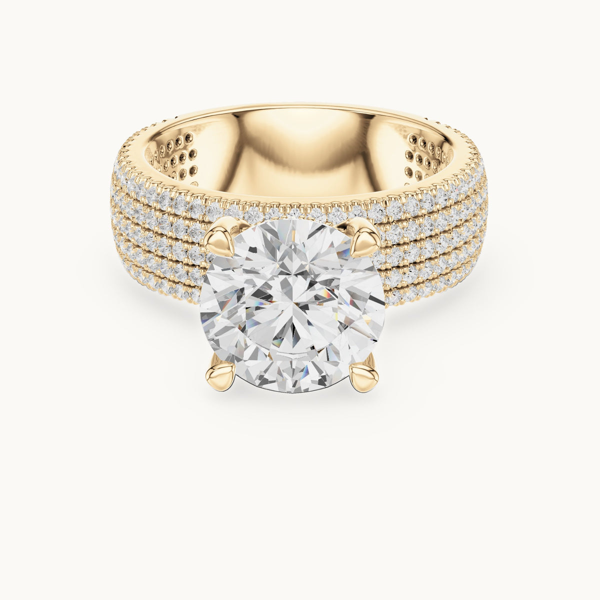 Round lab-grown diamond wide multi-row pavé engagement ring in yellow gold, 4.06 CT TW, view 4