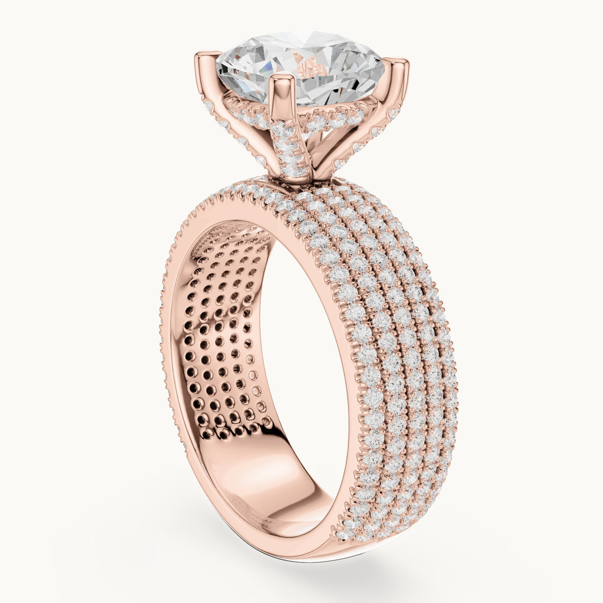 Cushion-cut and round lab-grown diamond wide multi-row pavé engagement ring in rose gold, 3.806 CT TW, view 1