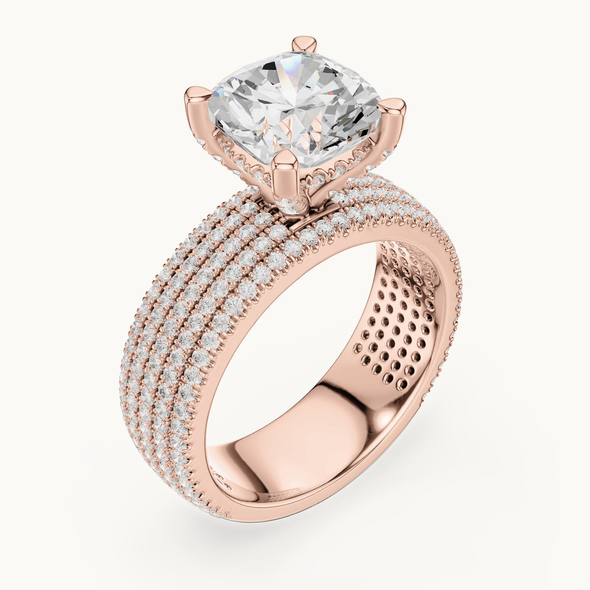 Cushion-cut and round lab-grown diamond wide multi-row pavé engagement ring in rose gold, 3.806 CT TW, view 2