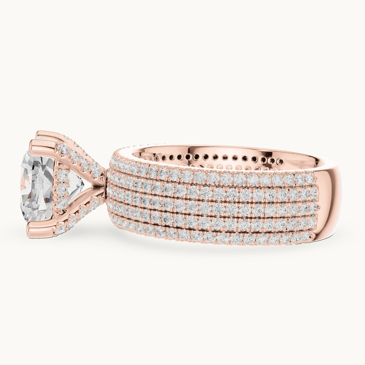 Cushion-cut and round lab-grown diamond wide multi-row pavé engagement ring in rose gold, 3.806 CT TW, view 3