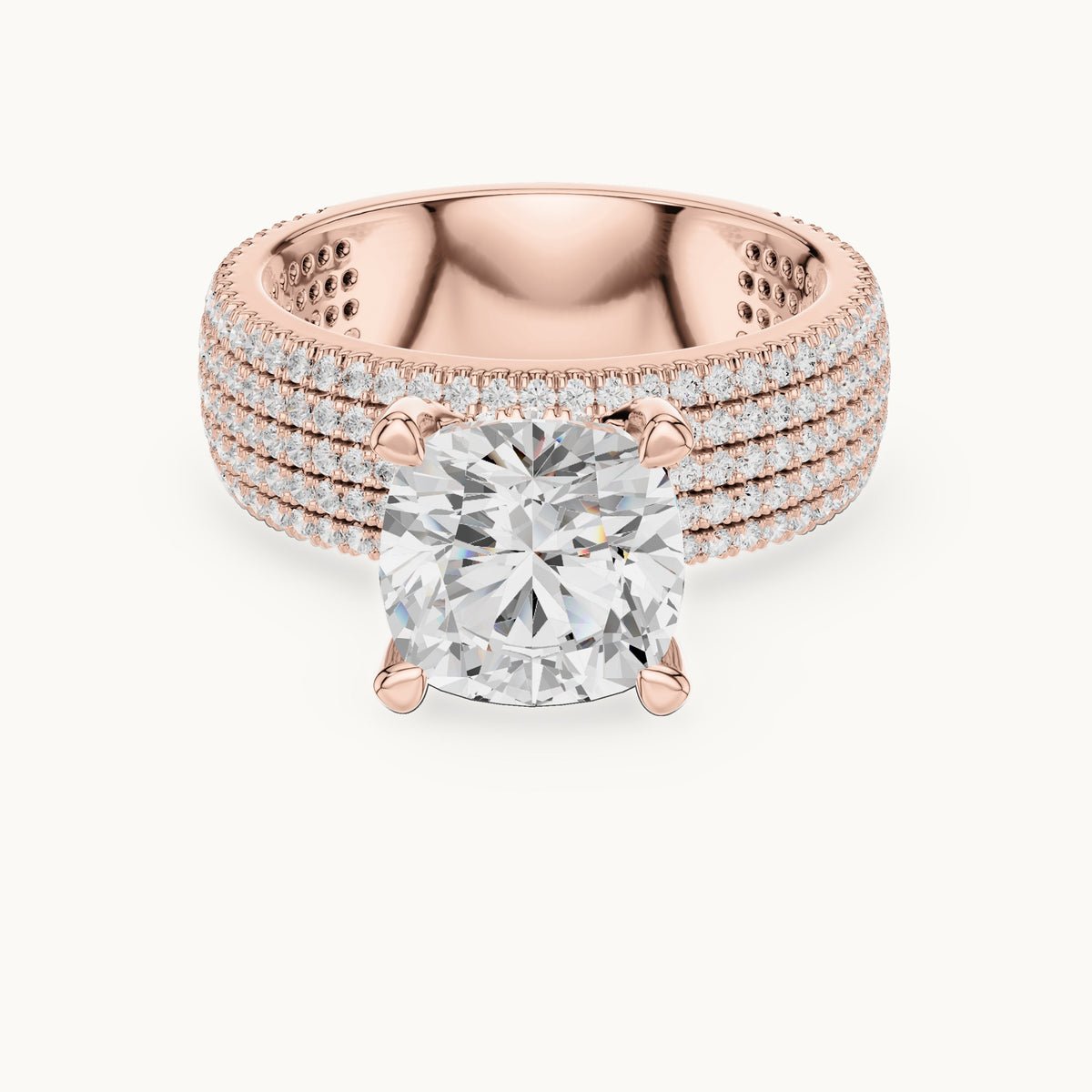 Cushion-cut and round lab-grown diamond wide multi-row pavé engagement ring in rose gold, 3.806 CT TW, view 4