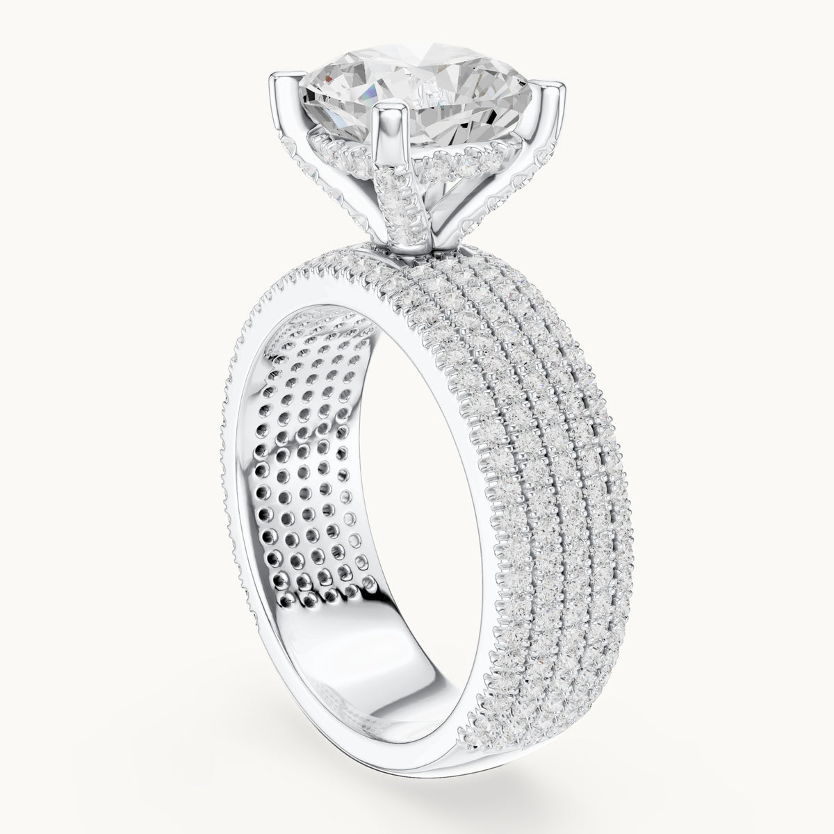 Cushion-cut and round lab-grown diamond wide multi-row pavé engagement ring in white gold, 3.806 CT TW, view 1