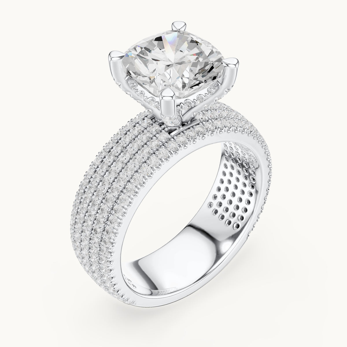 Cushion-cut and round lab-grown diamond wide multi-row pavé engagement ring in white gold, 3.806 CT TW, view 2