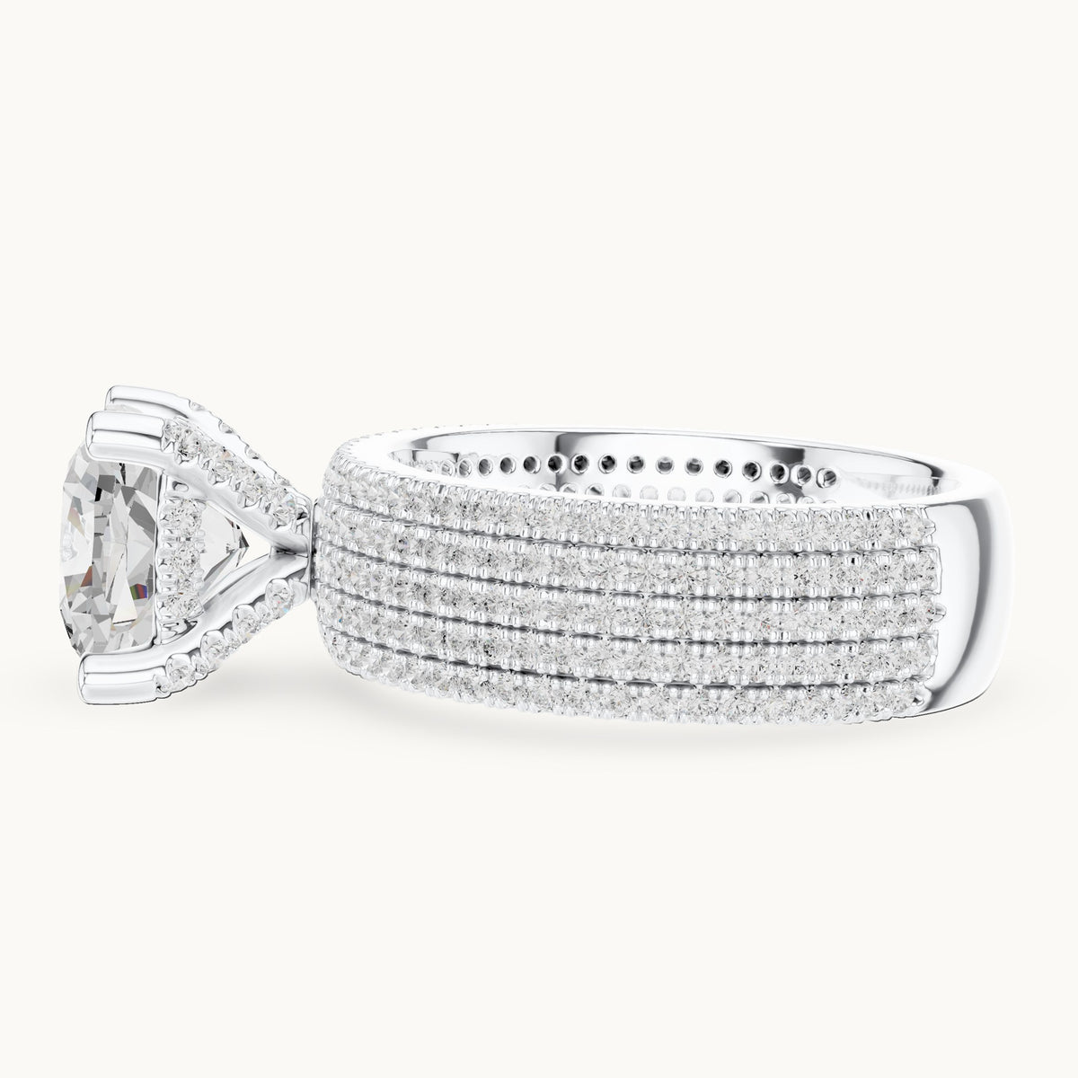 Cushion-cut and round lab-grown diamond wide multi-row pavé engagement ring in white gold, 3.806 CT TW, view 3