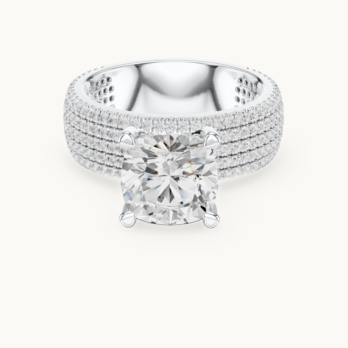 Cushion-cut and round lab-grown diamond wide multi-row pavé engagement ring in white gold, 3.806 CT TW, view 4