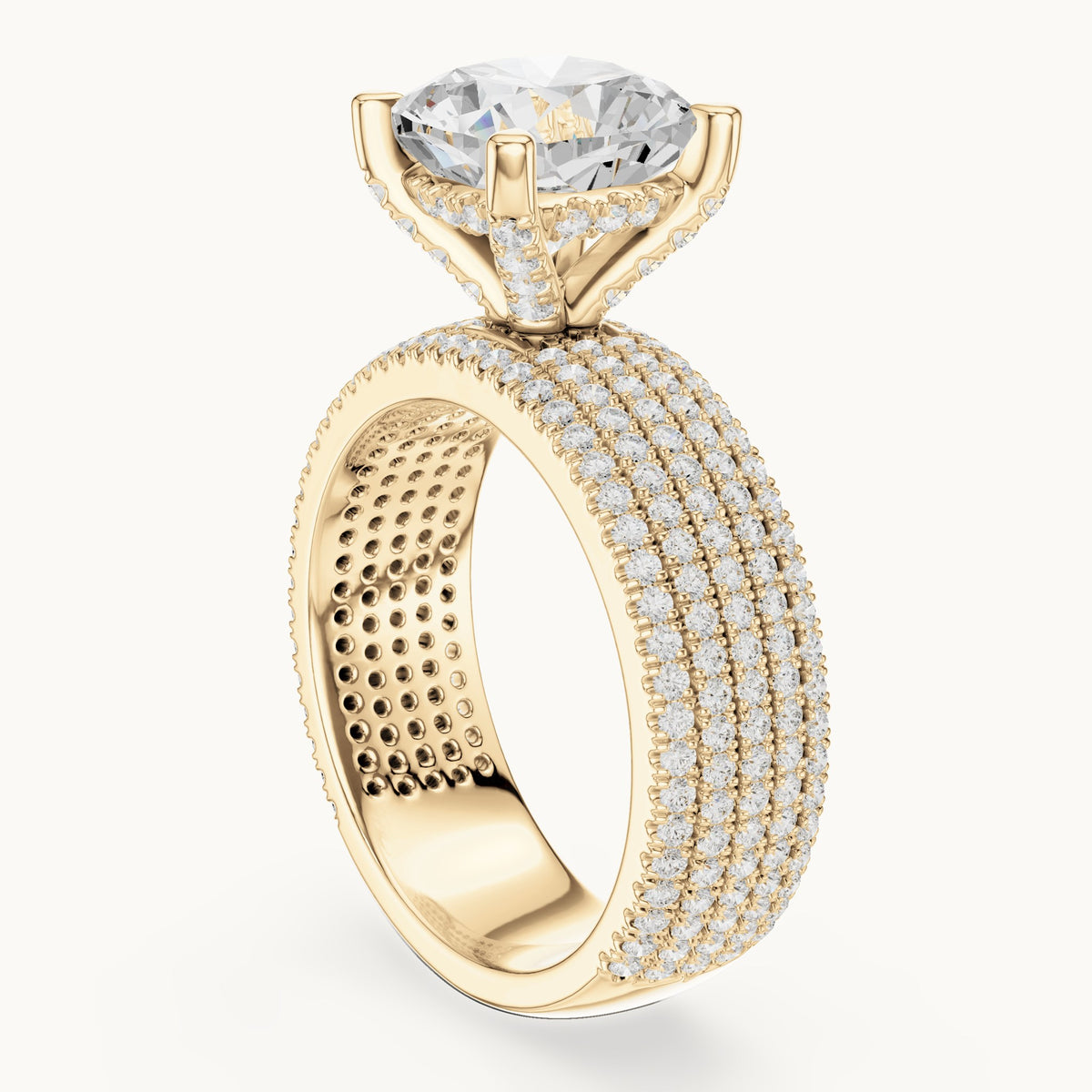 Cushion-cut and round lab-grown diamond wide multi-row pavé engagement ring in yellow gold, 3.806 CT TW, view 1
