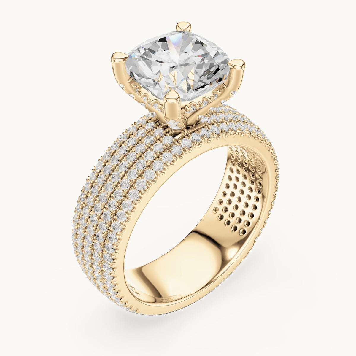 Cushion-cut and round lab-grown diamond wide multi-row pavé engagement ring in yellow gold, 3.806 CT TW, view 2