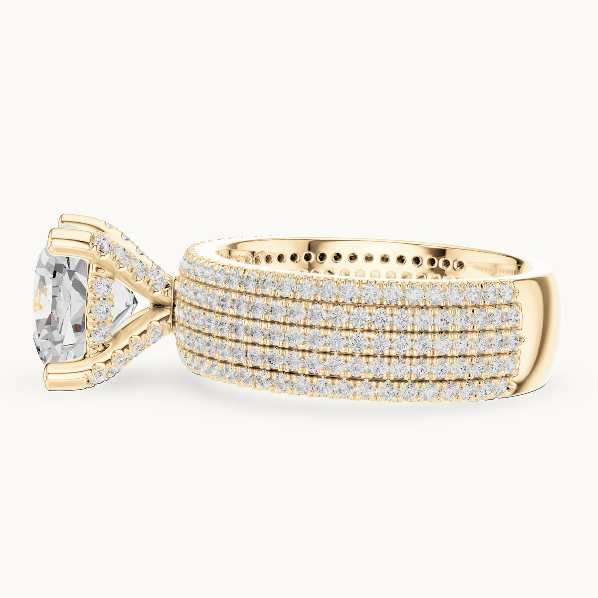 Cushion-cut and round lab-grown diamond wide multi-row pavé engagement ring in yellow gold, 3.806 CT TW, view 3